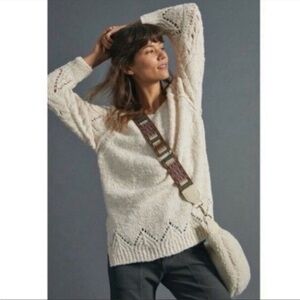 Anthropologie Pilcro Luna Pointelle Cream Pullover Tunic Sweater cable knit XS